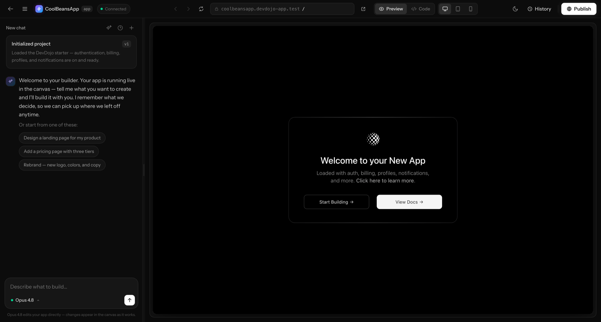 The DevDojo app builder — AI chat beside a live, running application
