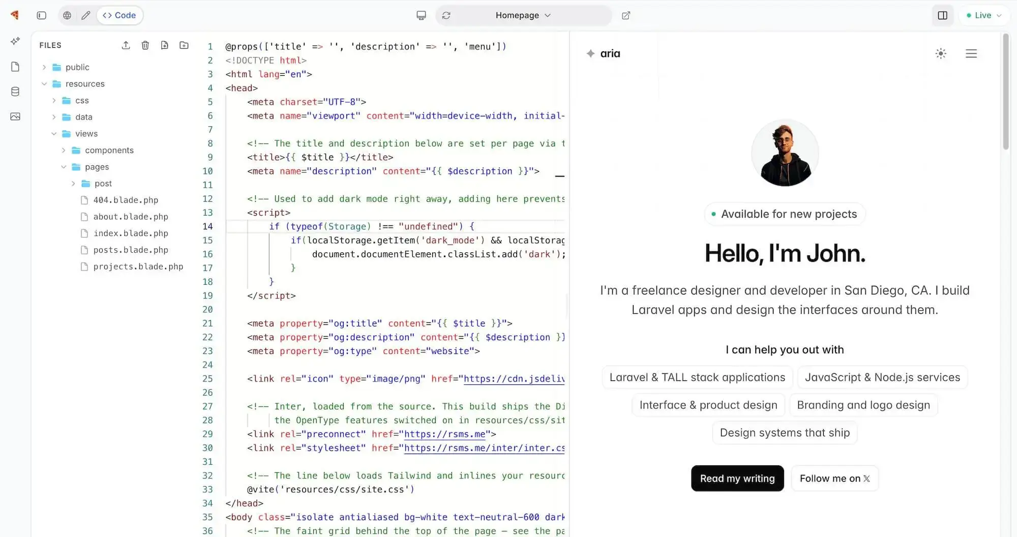 The DevDojo project editor — a visual canvas beside the site's real code