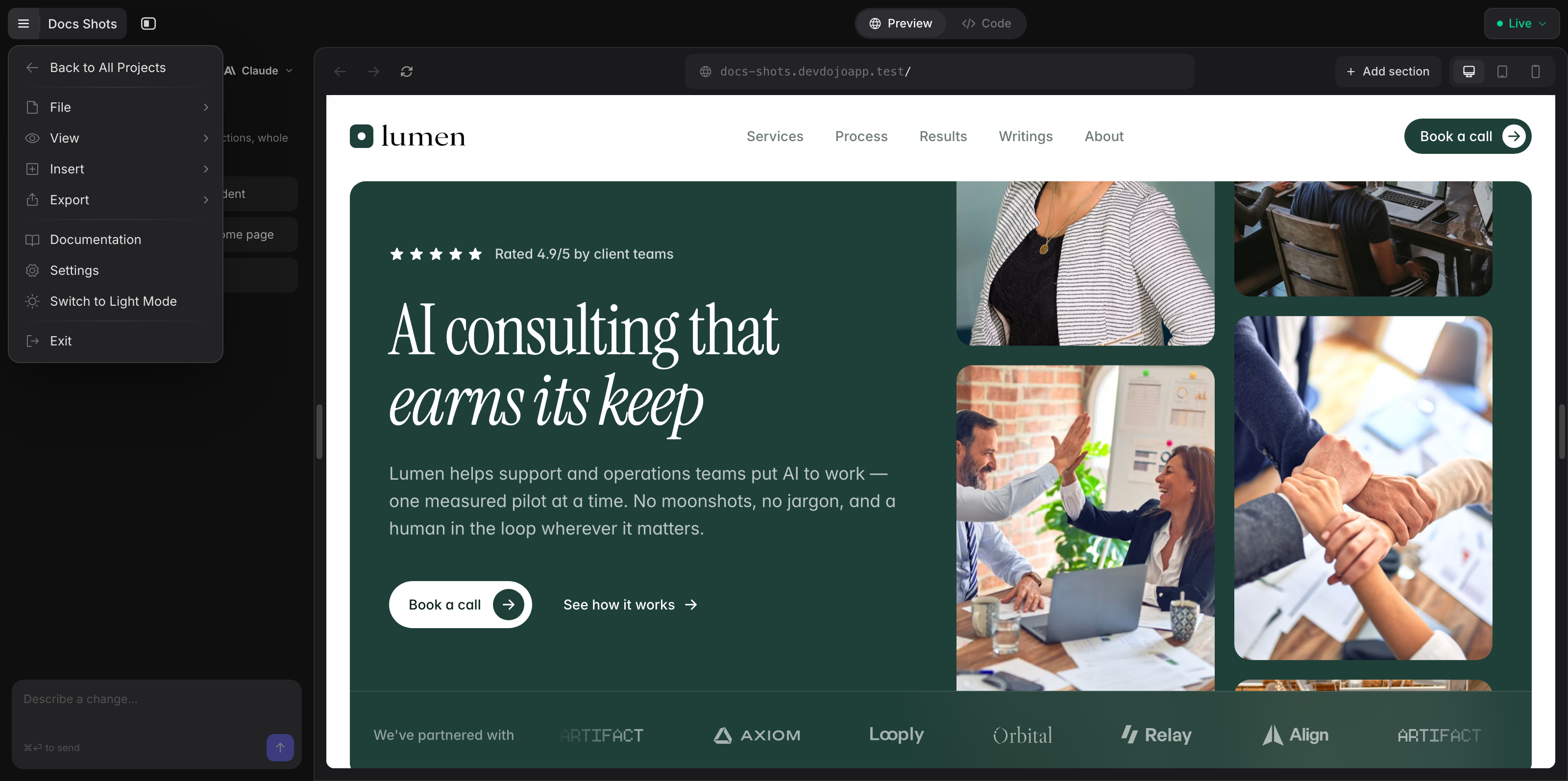 The builder menu open with a submenu