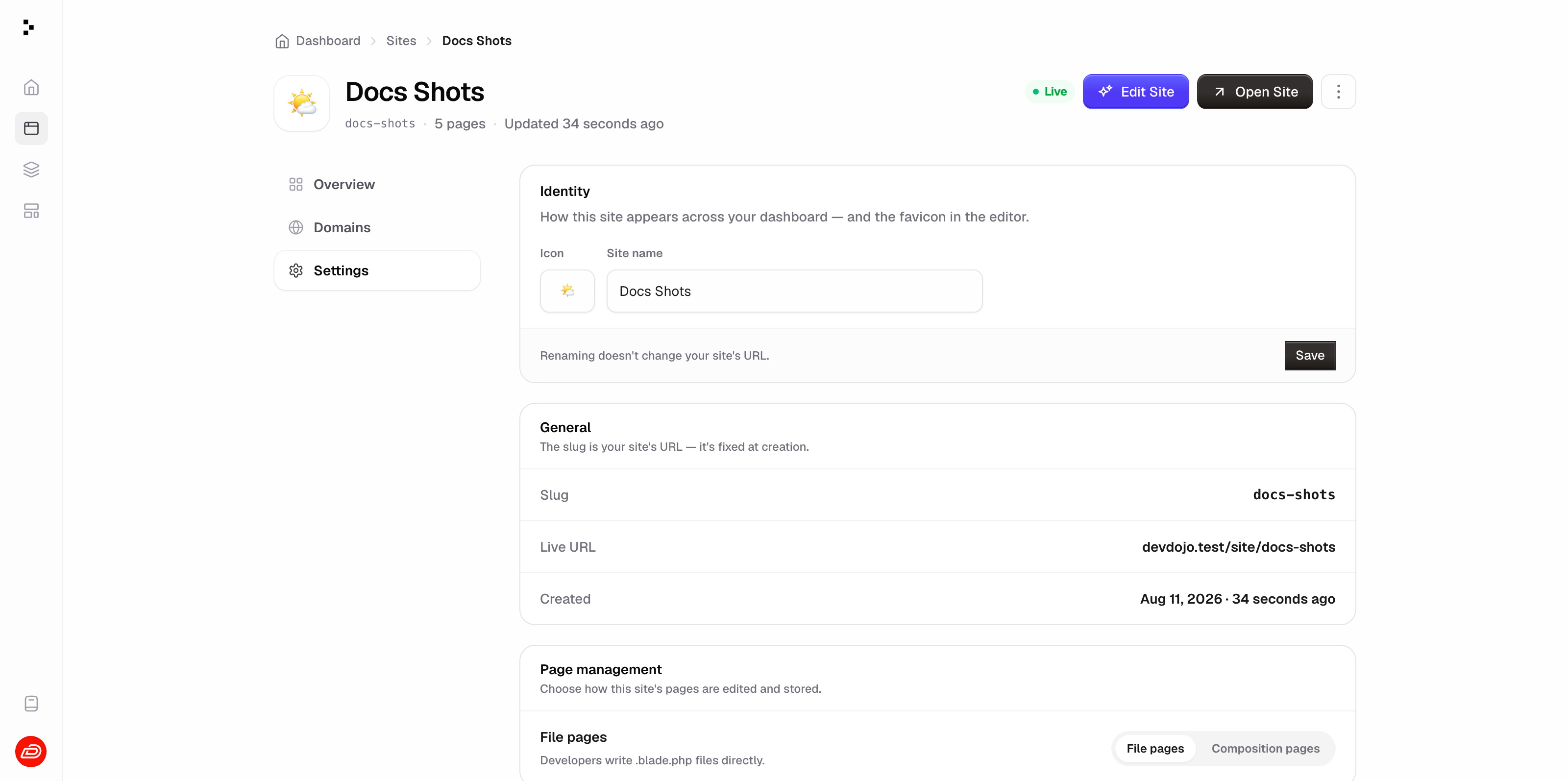 The site settings page with publish state and URL