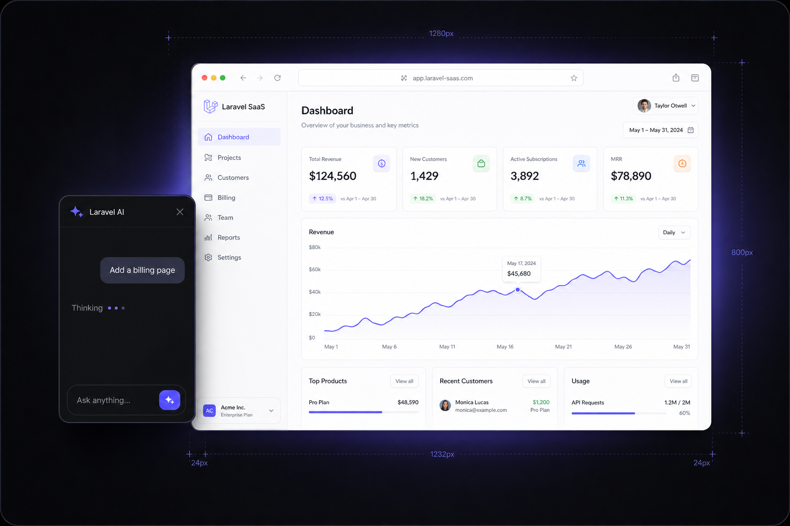 A DevDojo app — a full-stack Laravel dashboard being built with the AI assistant