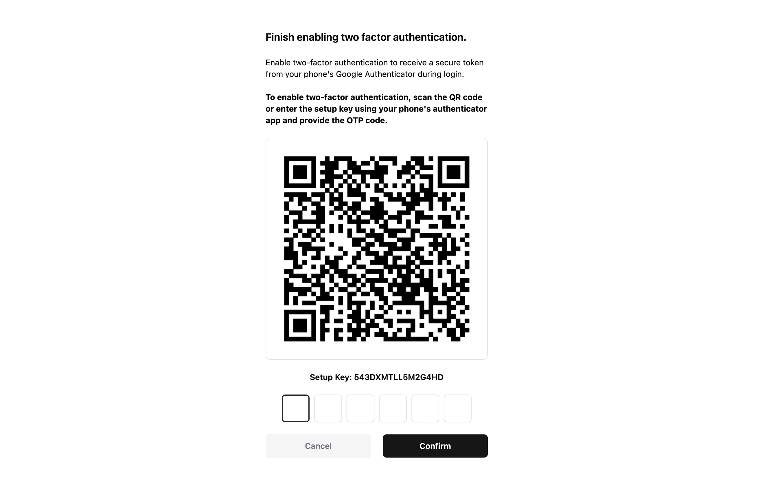 The two-factor setup page