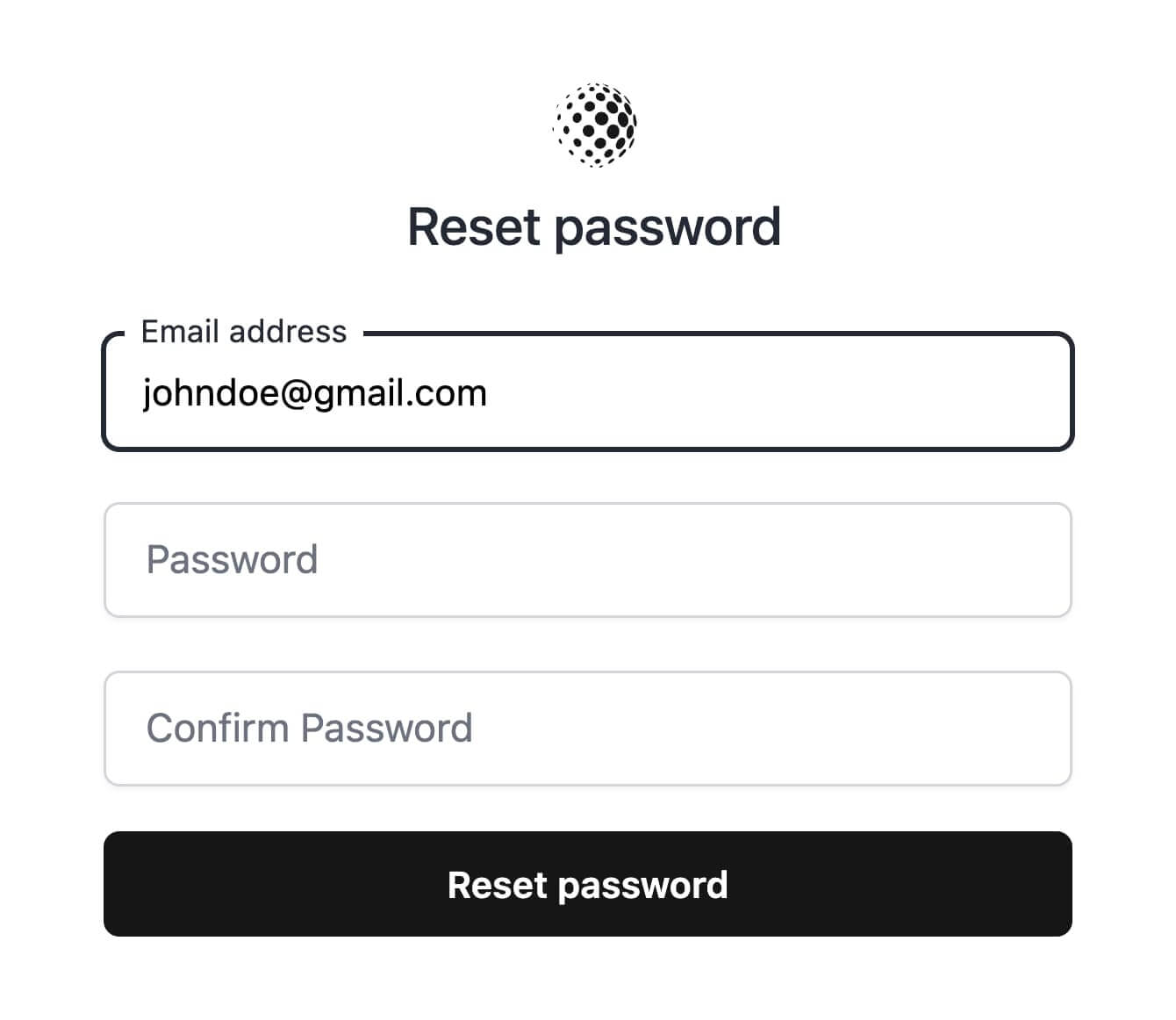 The password reset page