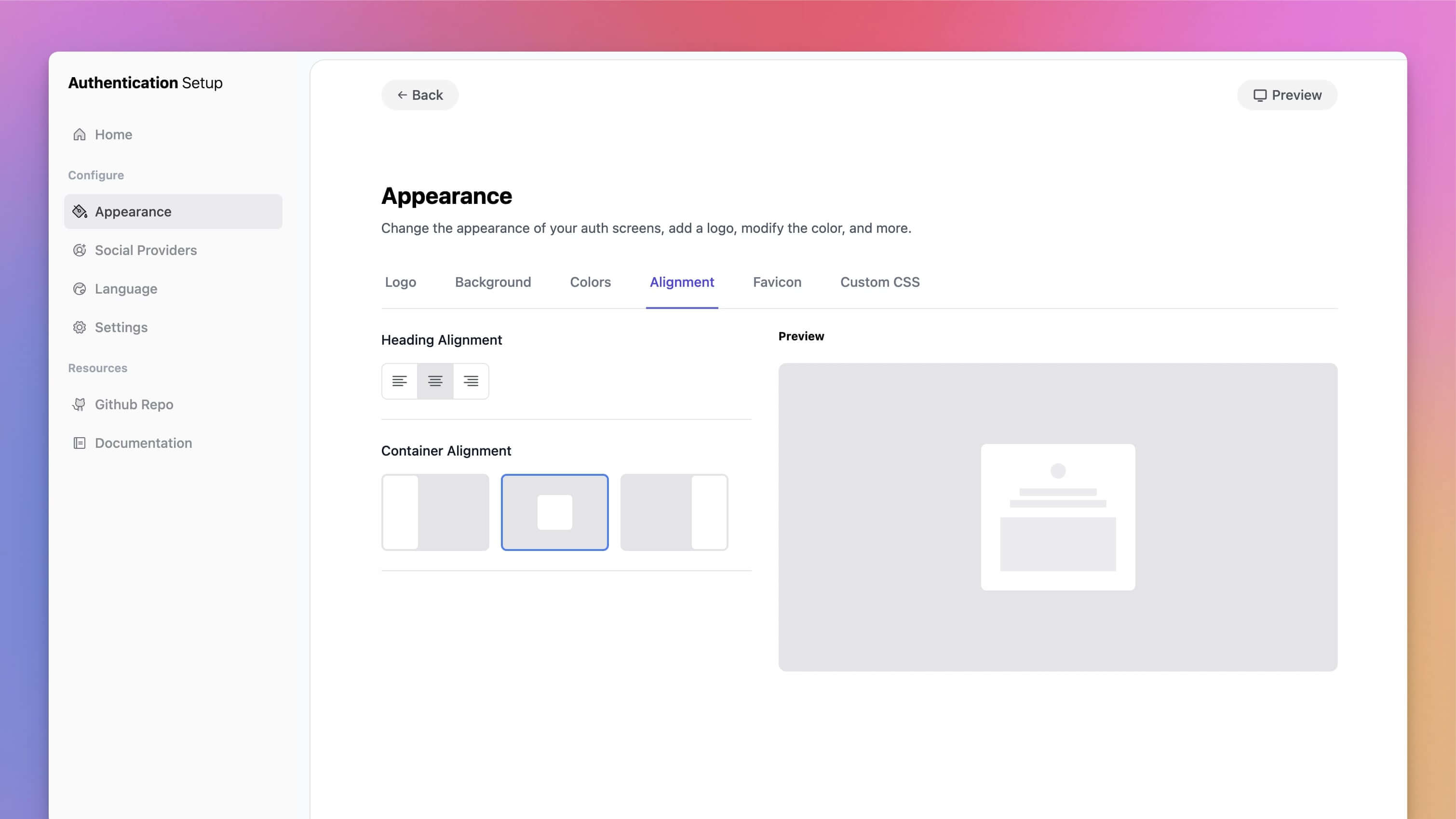 The Auth setup screen