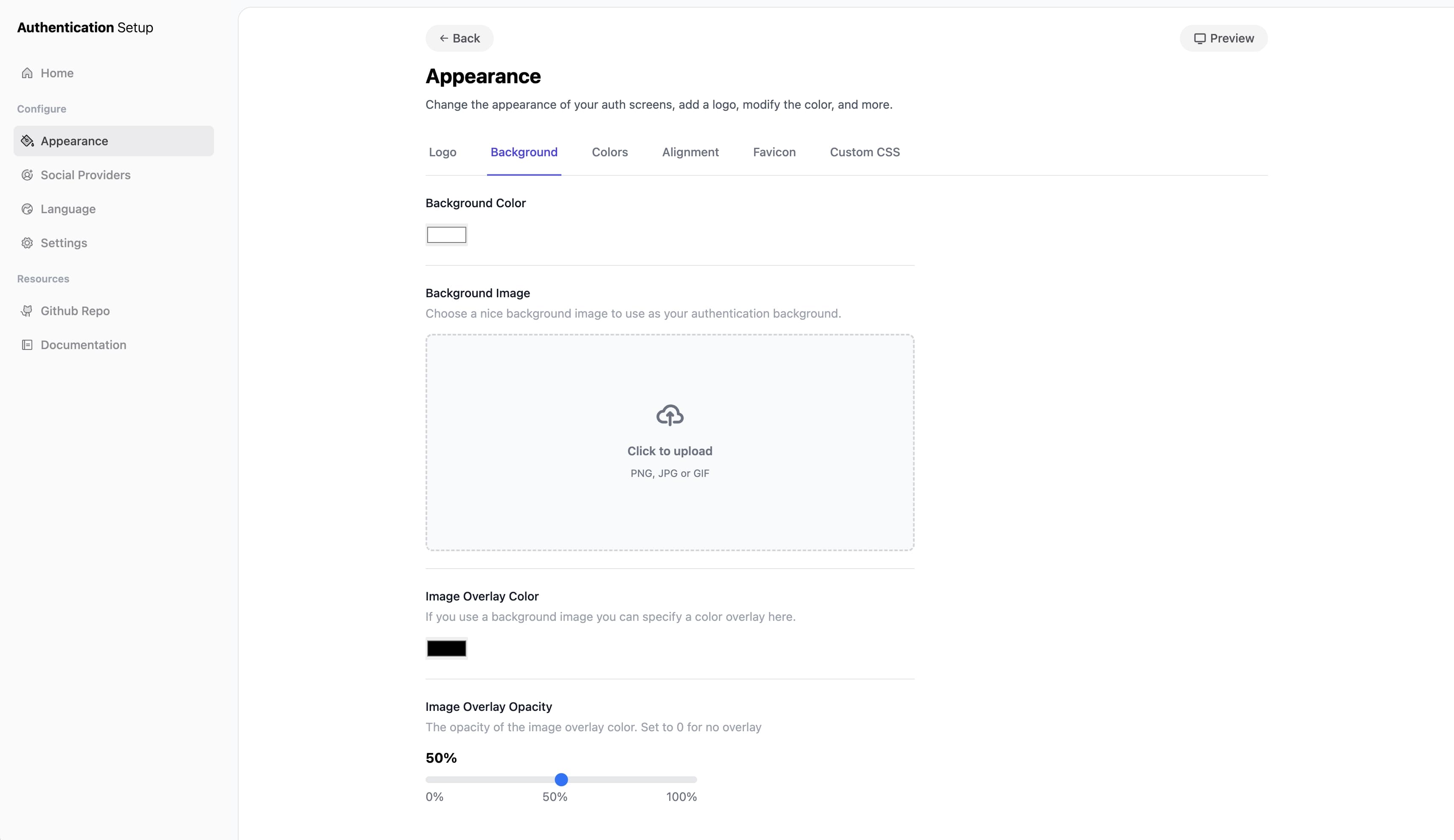The Auth setup screen