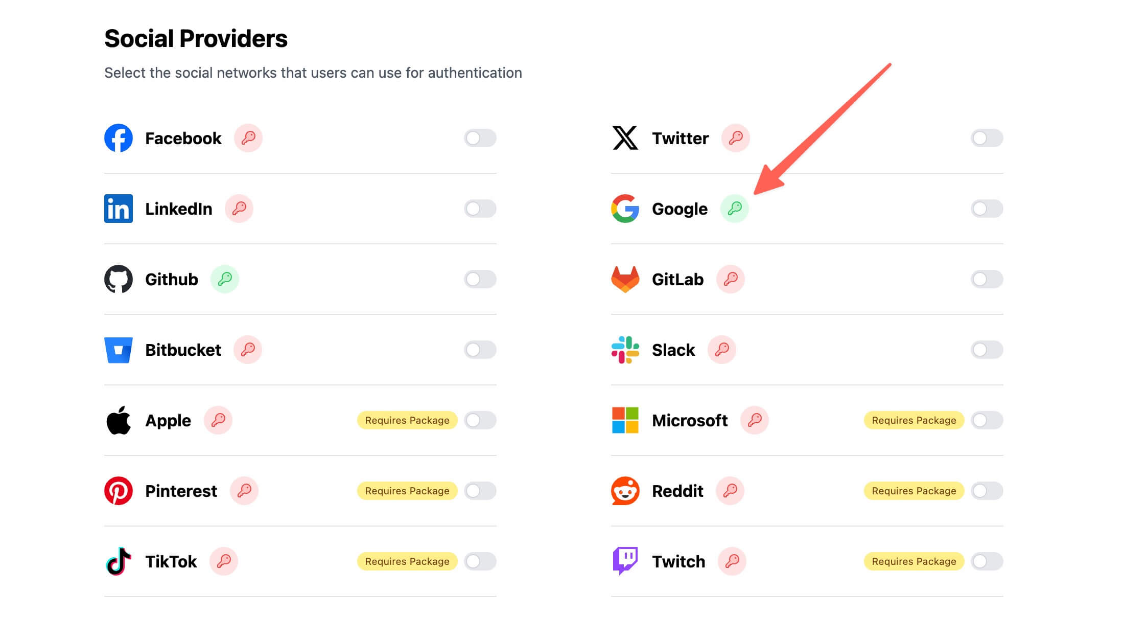 The social providers setup screen