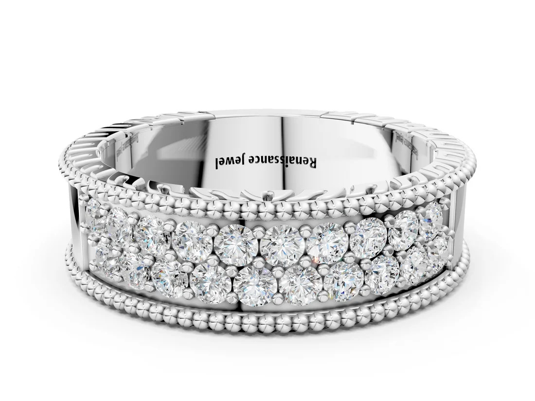 Silver Round Cut Diamond Pave Eternity Band with Bead Prong Setting