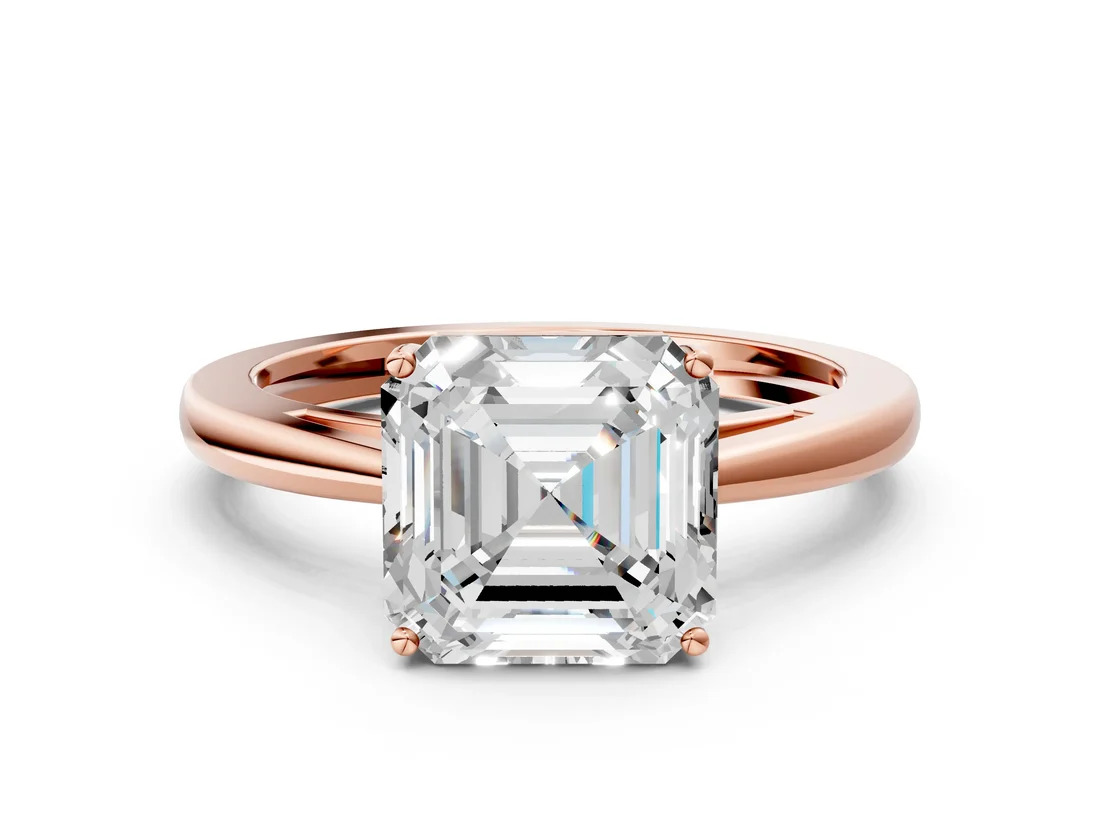 Rose Gold Asscher Solitaire Diamond Ring with Split Shank and Four Prong Setting