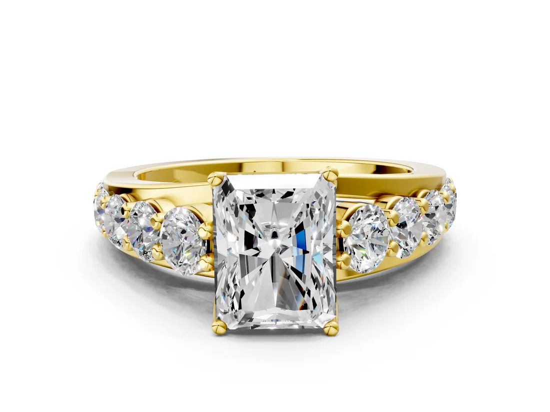 Yellow Gold Radiant Cut Diamond Engagement Ring with Pavé Band and Four-Prong Setting