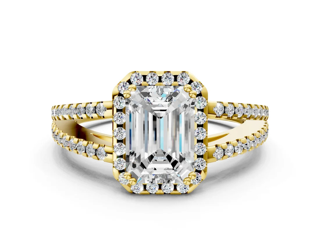 Yellow Gold Emerald Cut Diamond Halo Split Shank Engagement Ring