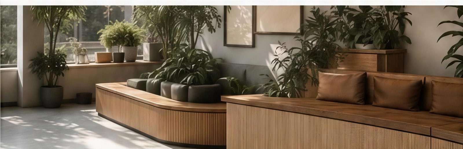 Sunlit café lounge with fluted-wood benches, leather cushions, and rows of potted plants by the window