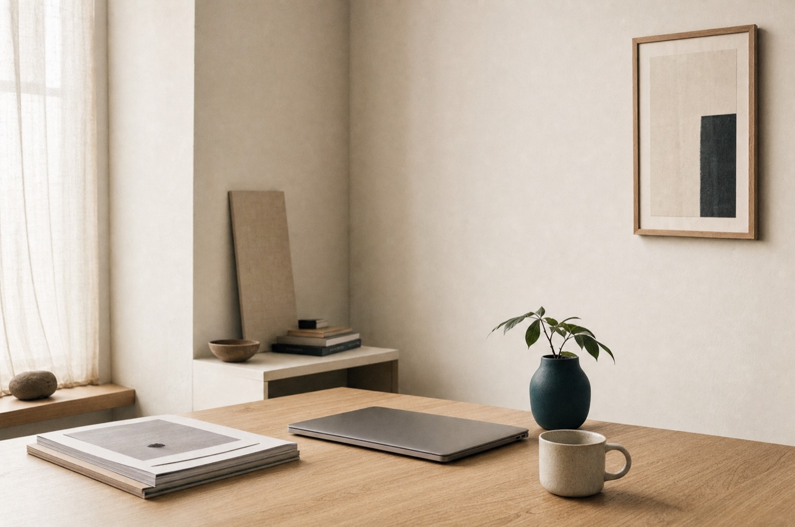 A pale oak desk with a closed laptop, printed proofs, a ceramic mug, and a small plant in soft daylight