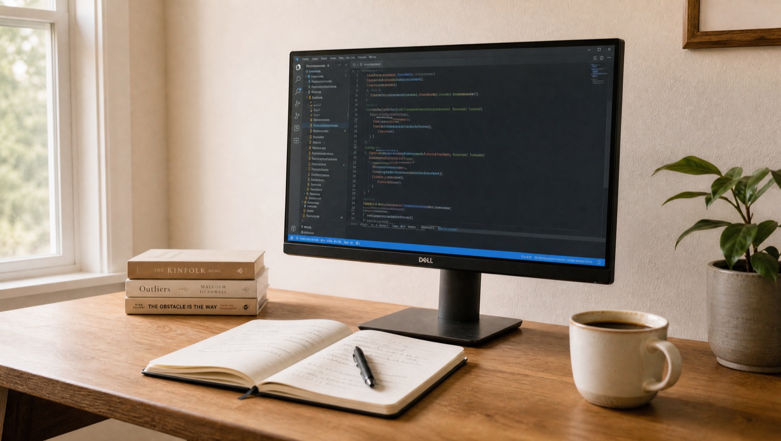 A tidy desk with one monitor, one notebook, one coffee