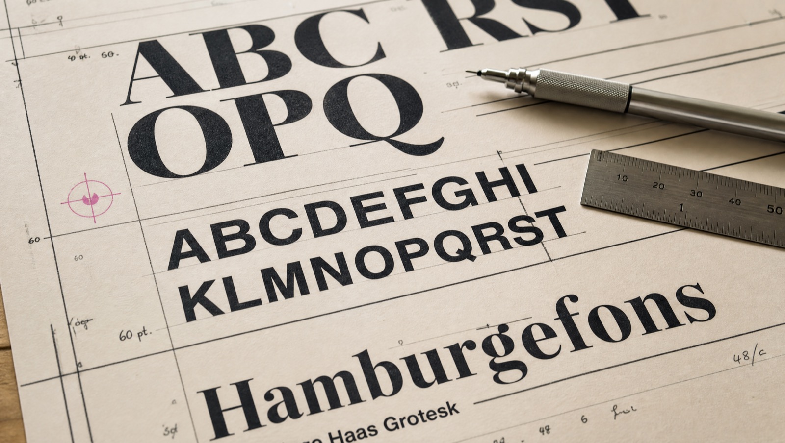 Ink rules and stacked type on cream paper