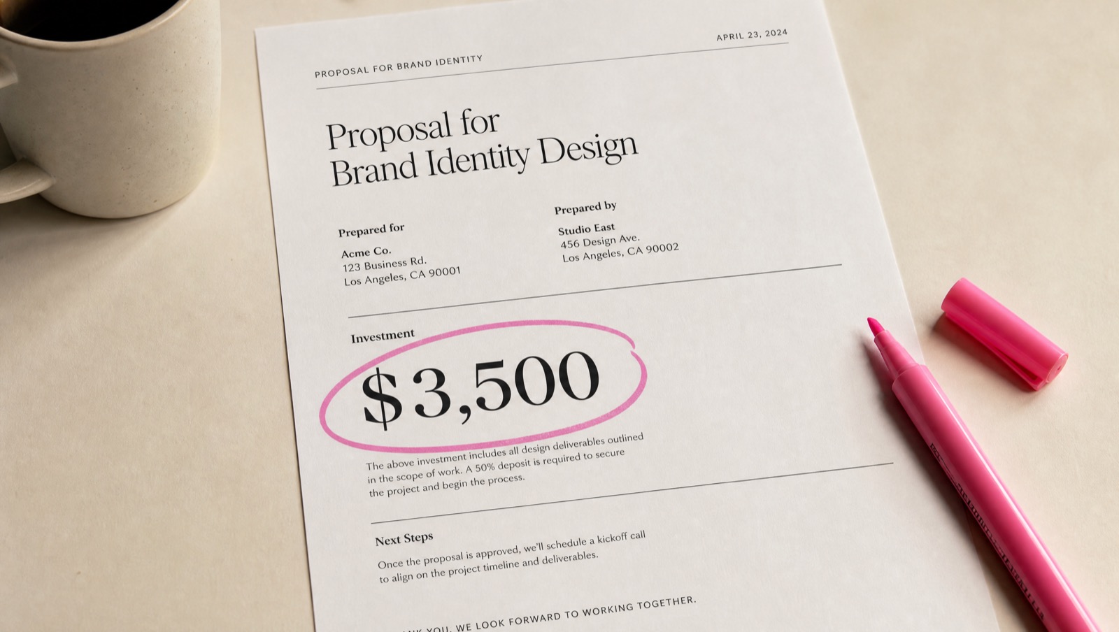 A printed proposal with a single bold number circled in pink