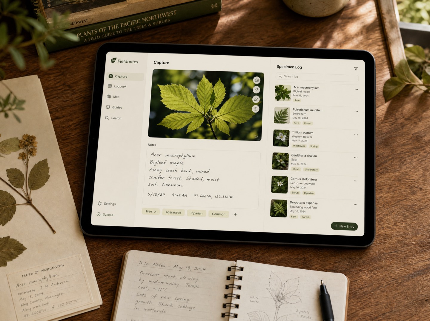 Fieldnotes app screens — capture view and specimen log on a tablet