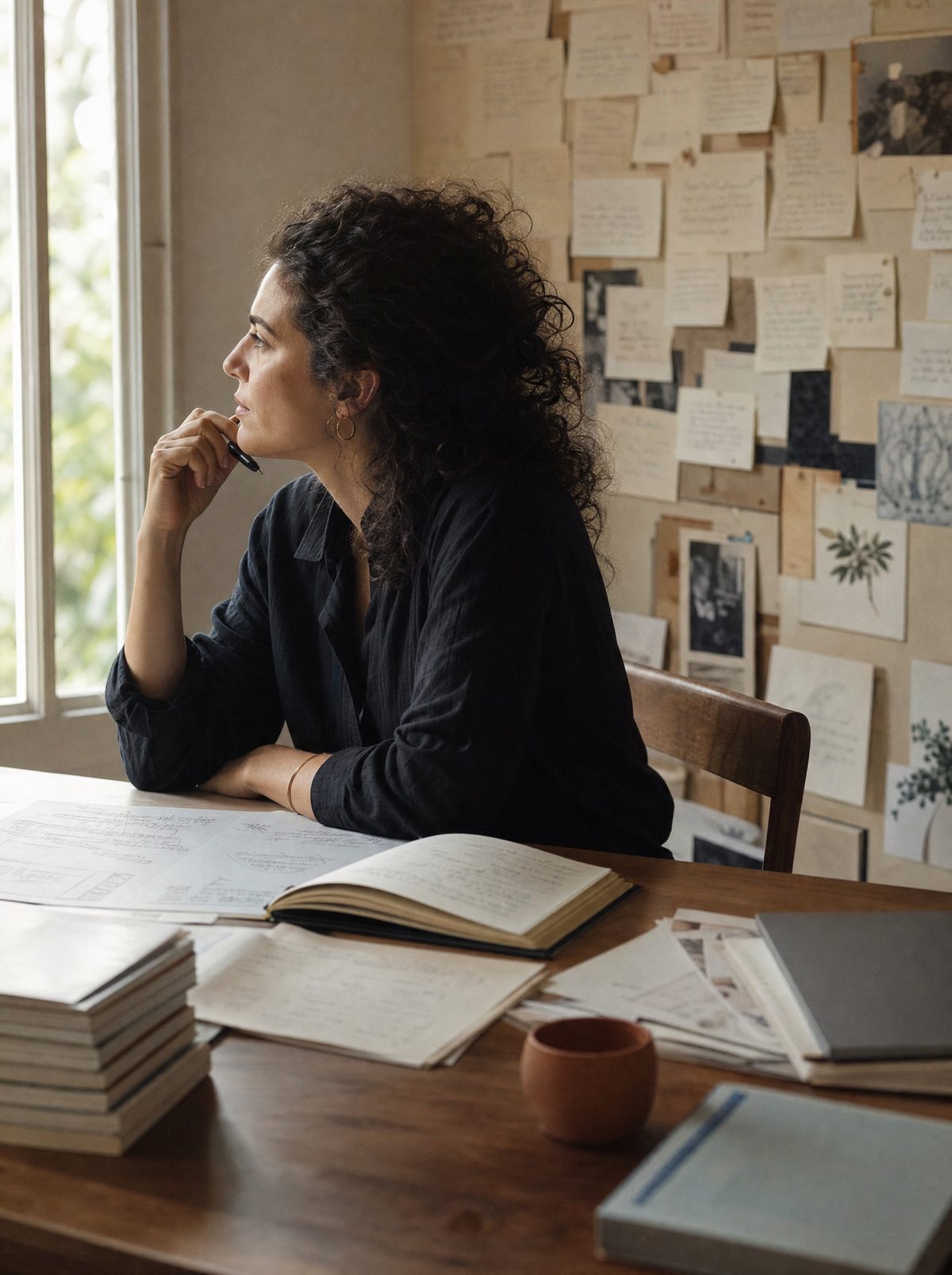 A woman at a wooden desk, pen in hand, thinking in front of a wall of pinned notes.