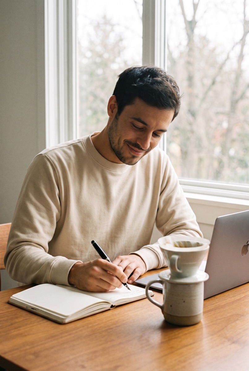 Noa writing in a notebook at a desk by the window