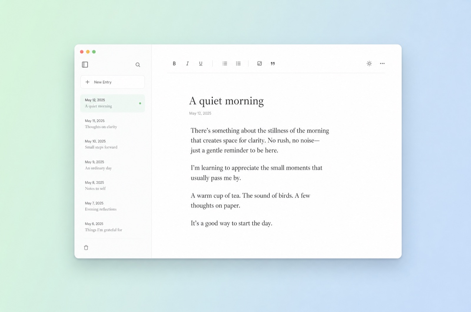 The Fieldnote editor — a serene white writing window on a mint-and-sky gradient
