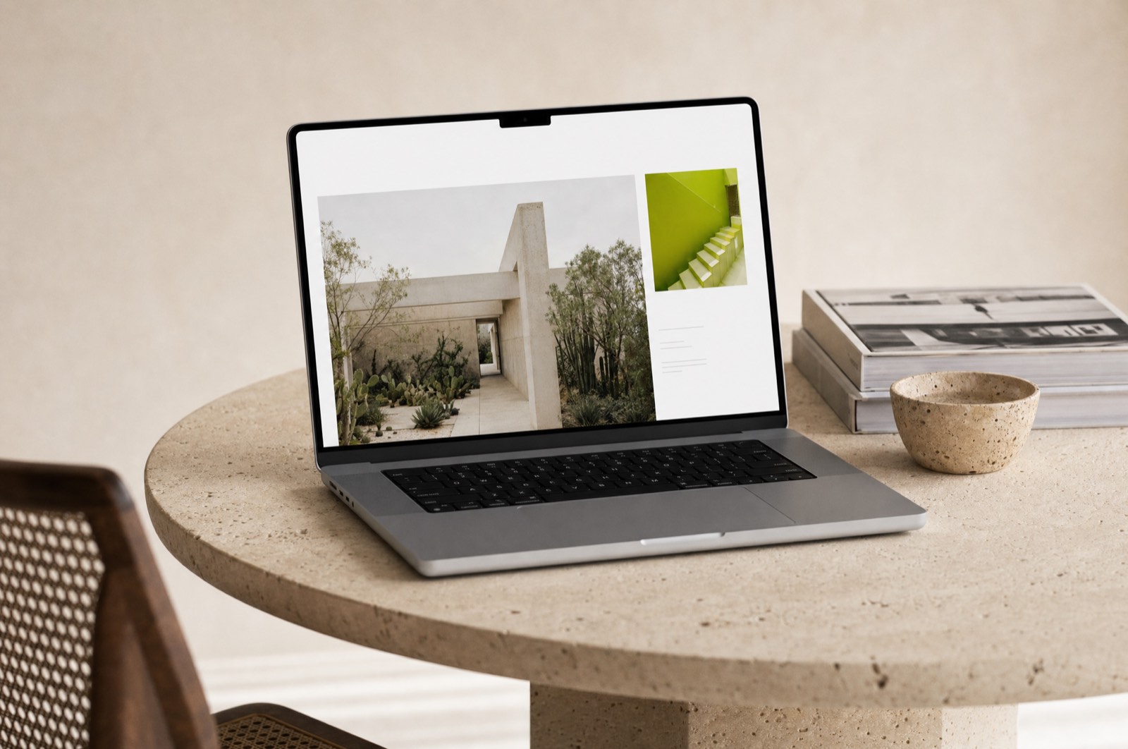 An open laptop on a travertine table showing a spacious minimal website