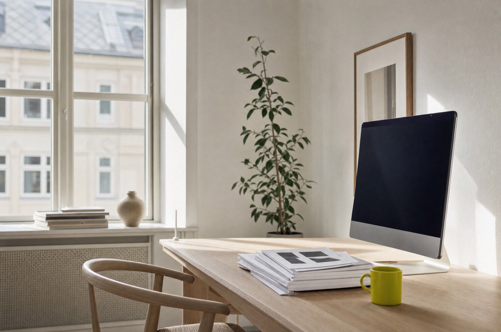 A desk under a window with printed proofs and a lime mug