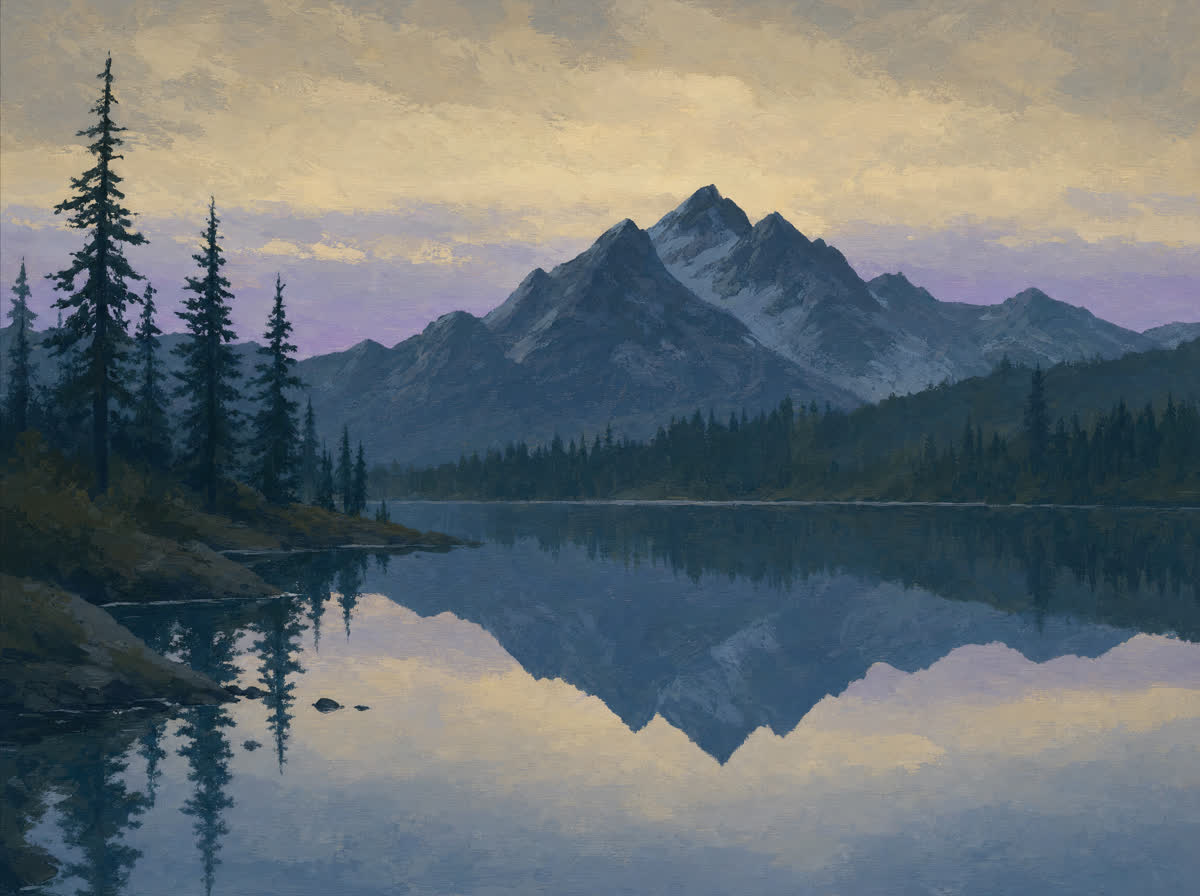 A painted mountain lake at blue hour