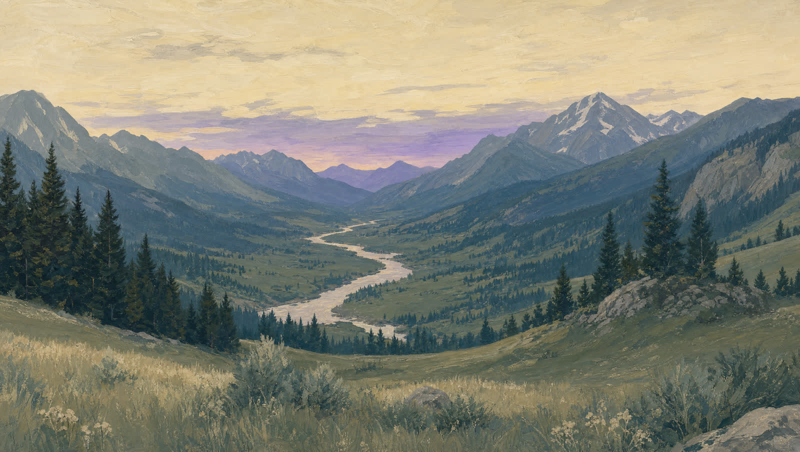A painted alpine valley at dusk, a river winding toward the mountains