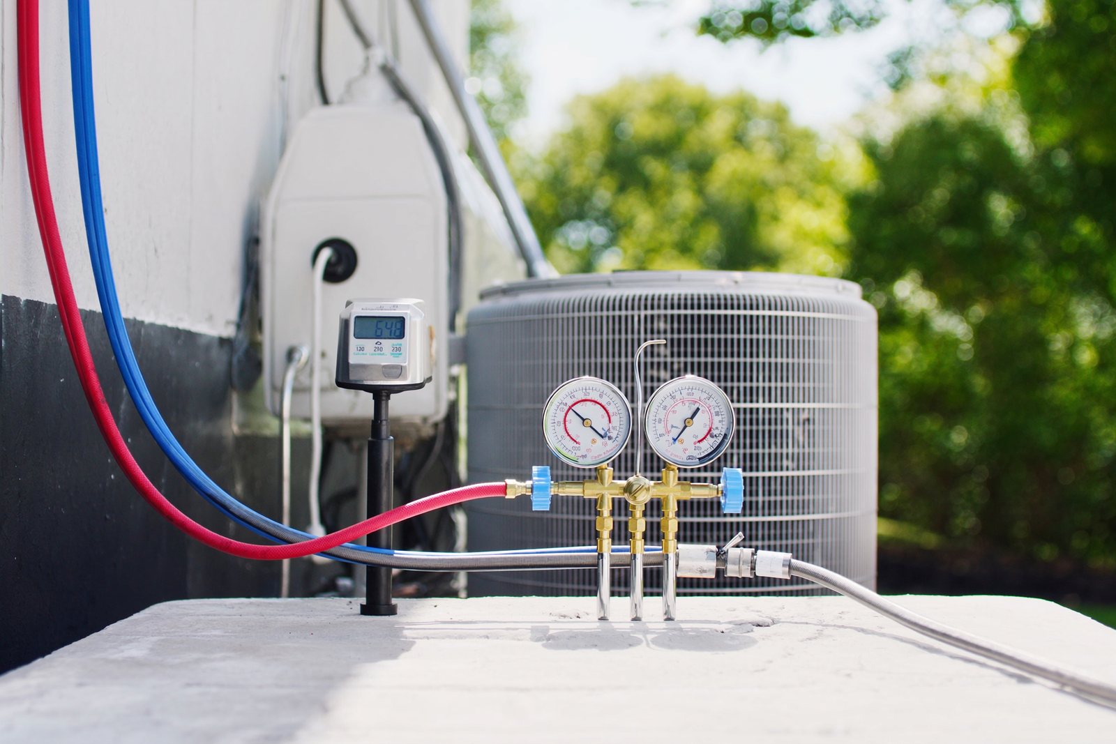 Gauges on a heat pump pad in the sun