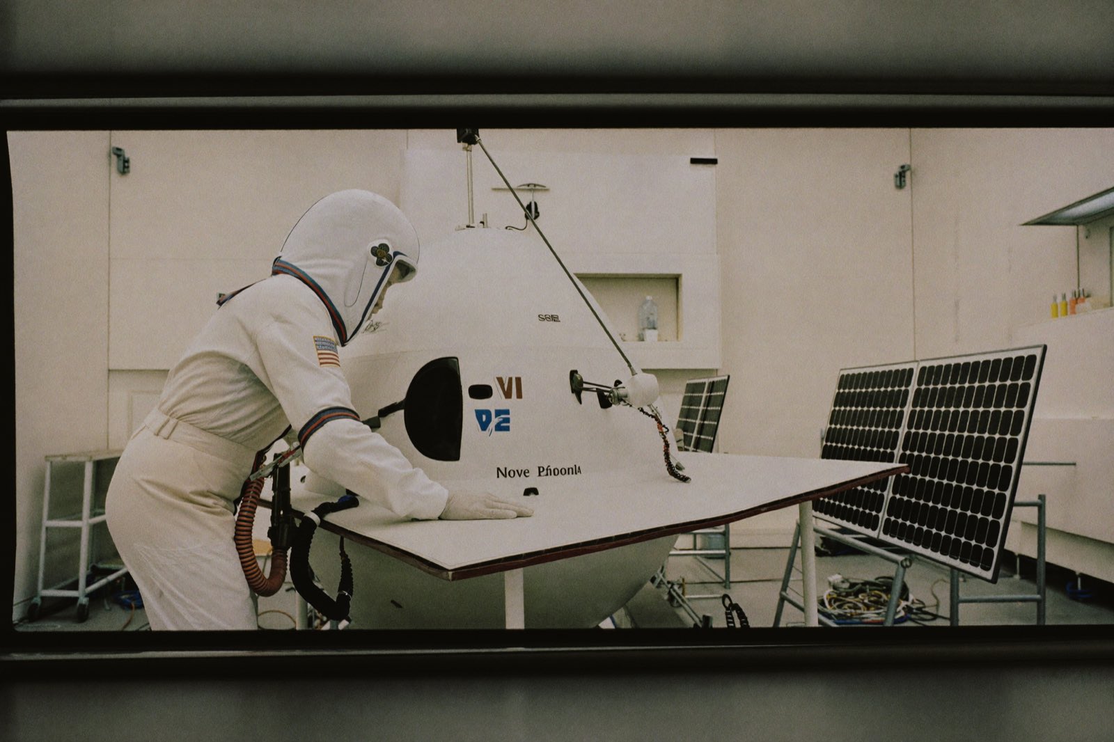 Engineers in cleanroom suits working on a navigation satellite