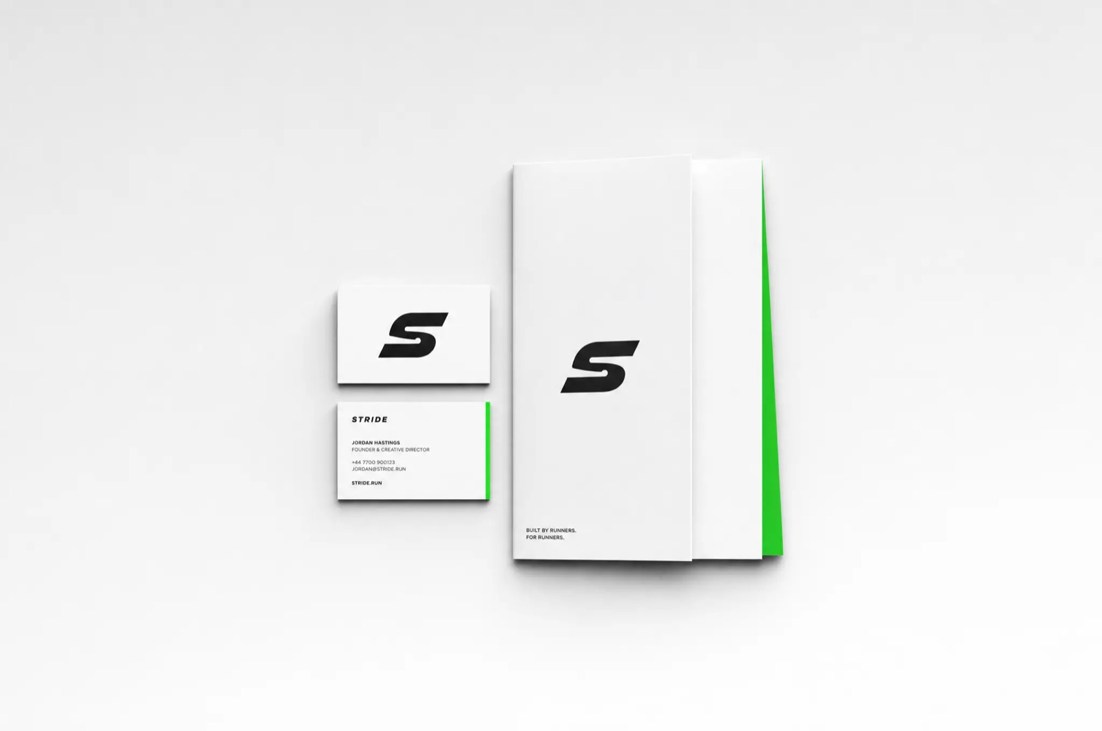 Stride brand identity — the S mark on white stationery with a green edge