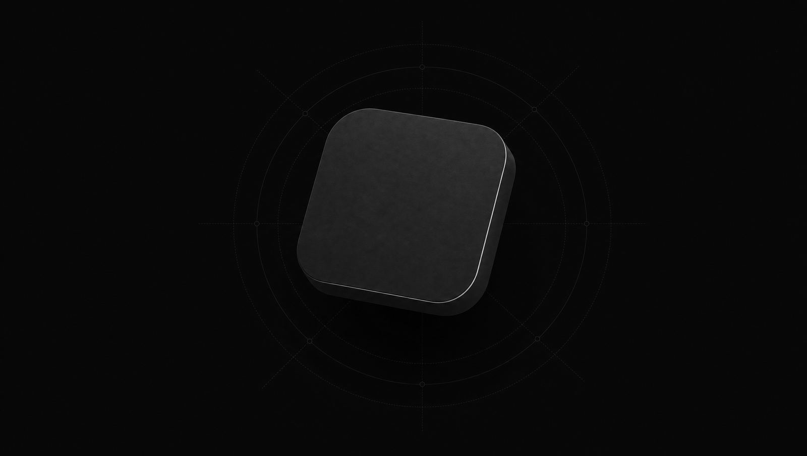 A charcoal app icon shape surrounded by faint concentric guide circles
