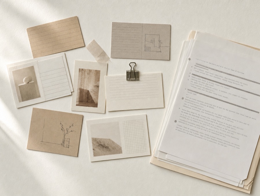 Index cards and interview transcripts fanned out on paper