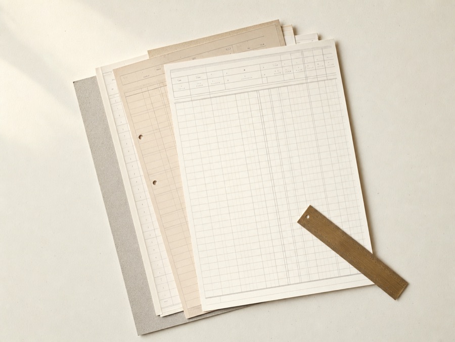 Printed ledger sheets and a brass ruler on paper
