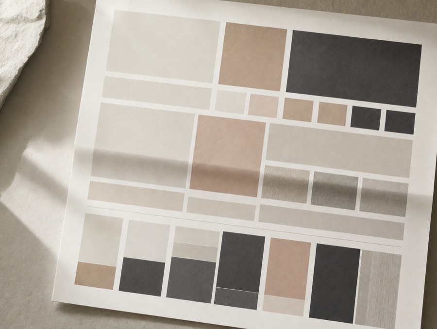 A printed design-system specimen sheet with swatches and rules