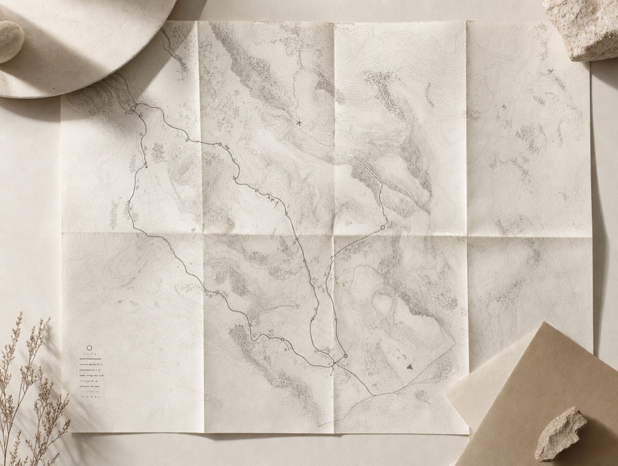 A hand-drawn walking route inked on a folded topographic sheet