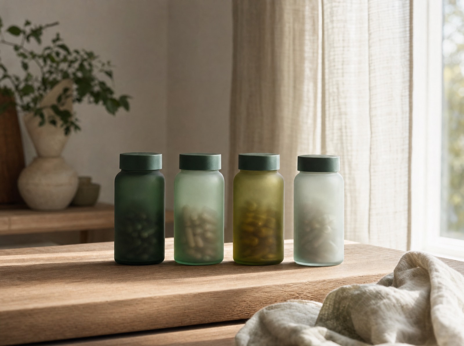 Four Tonic jars on a pale wooden counter in morning light