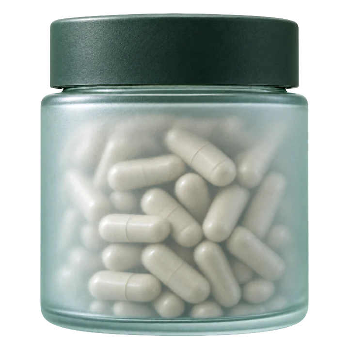 A frosted eucalyptus glass jar of PM-04 capsules with a matte pine cap