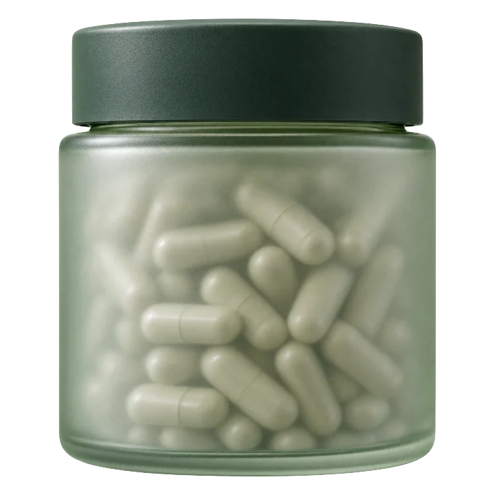 A frosted pale sage glass jar of TN-02 capsules with a matte pine cap