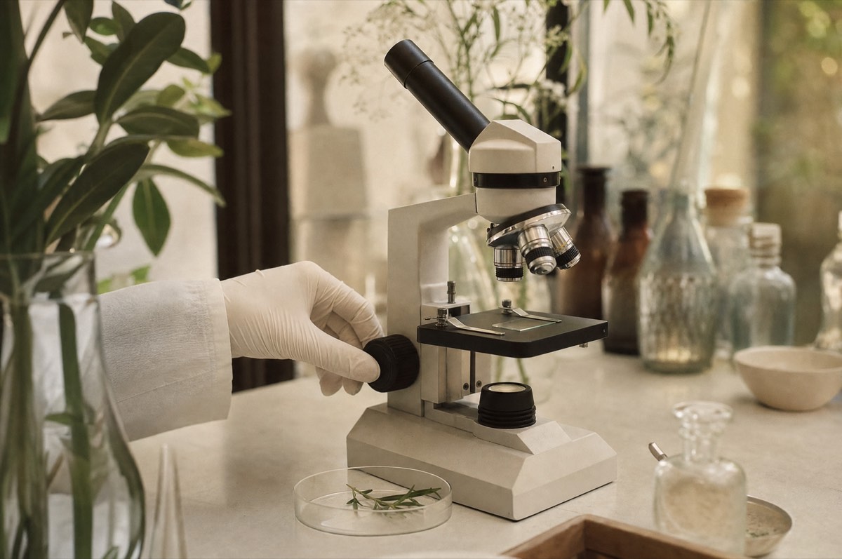 A gloved hand adjusting the focus wheel of a bench microscope