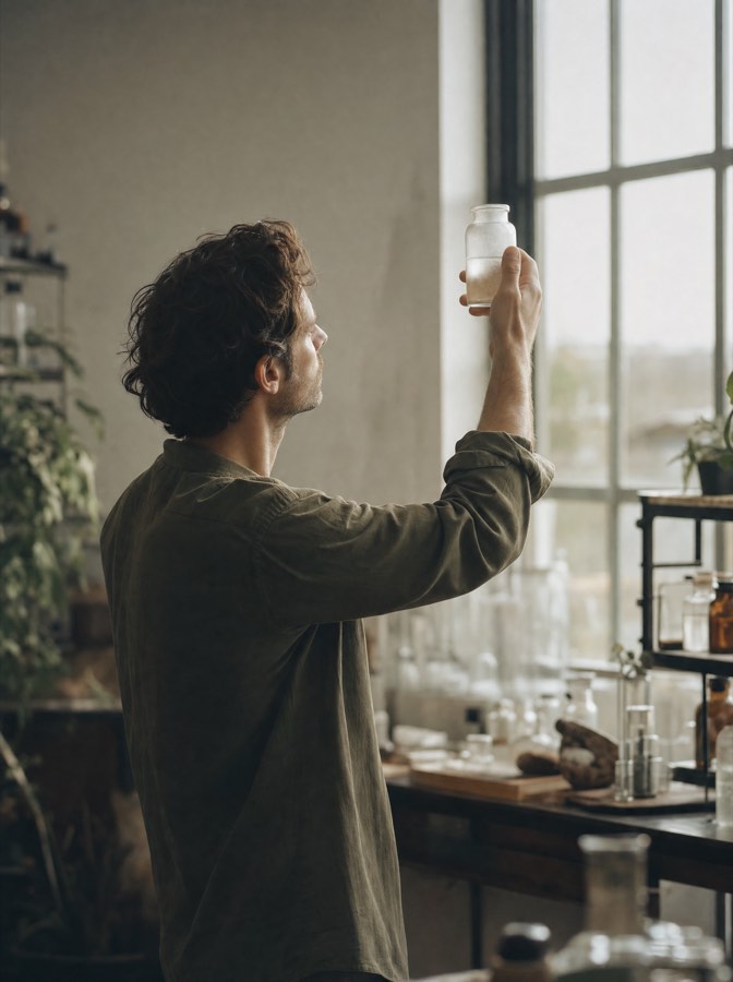 A researcher holding a jar up to daylight in a bright laboratory
