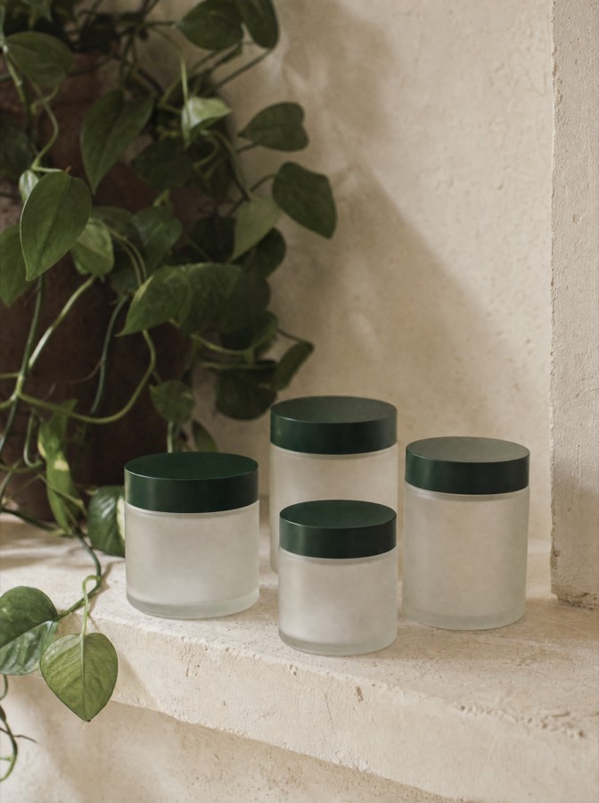 Four jars on a pale shelf beside a trailing houseplant