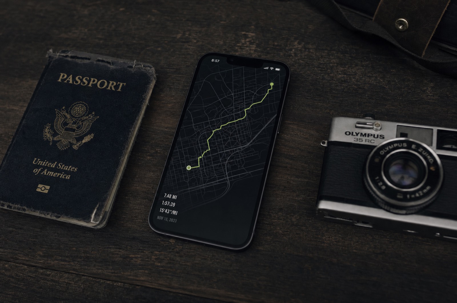 Travel journal app screens with dark maps and bold place typography