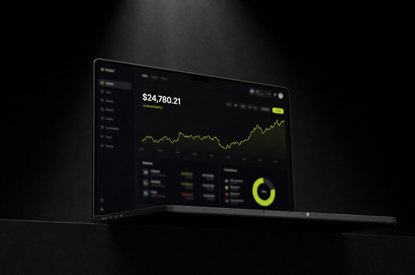 Dark fintech dashboard interface with chartreuse data highlights