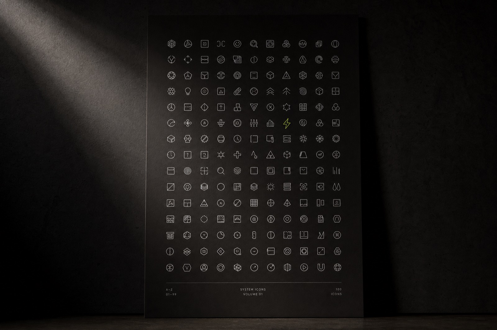 Grid of monochrome icons glowing on a dark ground