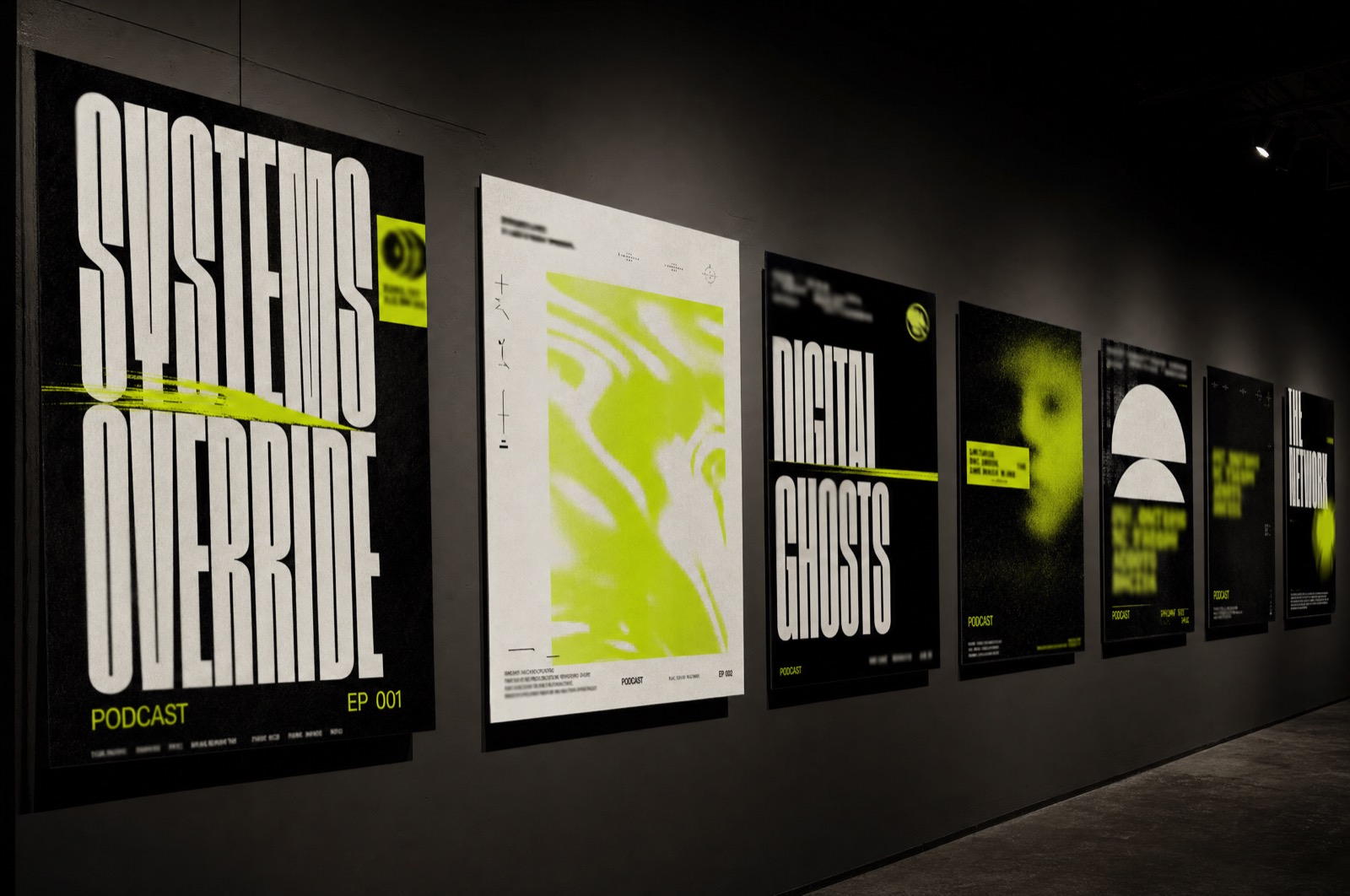 Podcast cover art grid with bold typographic system on dark ground